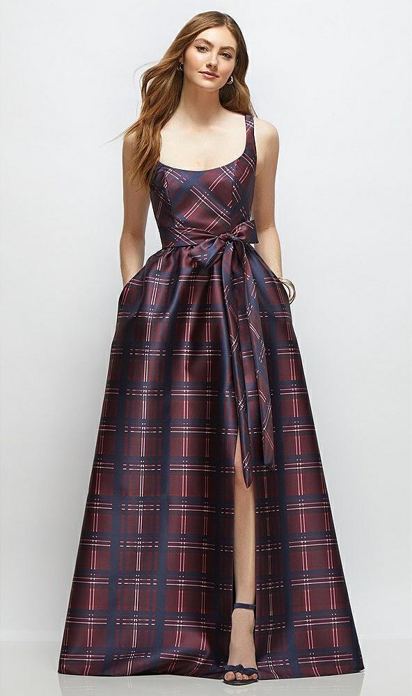 scoop-neck tank bodice alba tartan satin maxi dress with full skirt