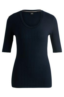 scoop-neck top in stretch fabric- dark blue women's casual tops
