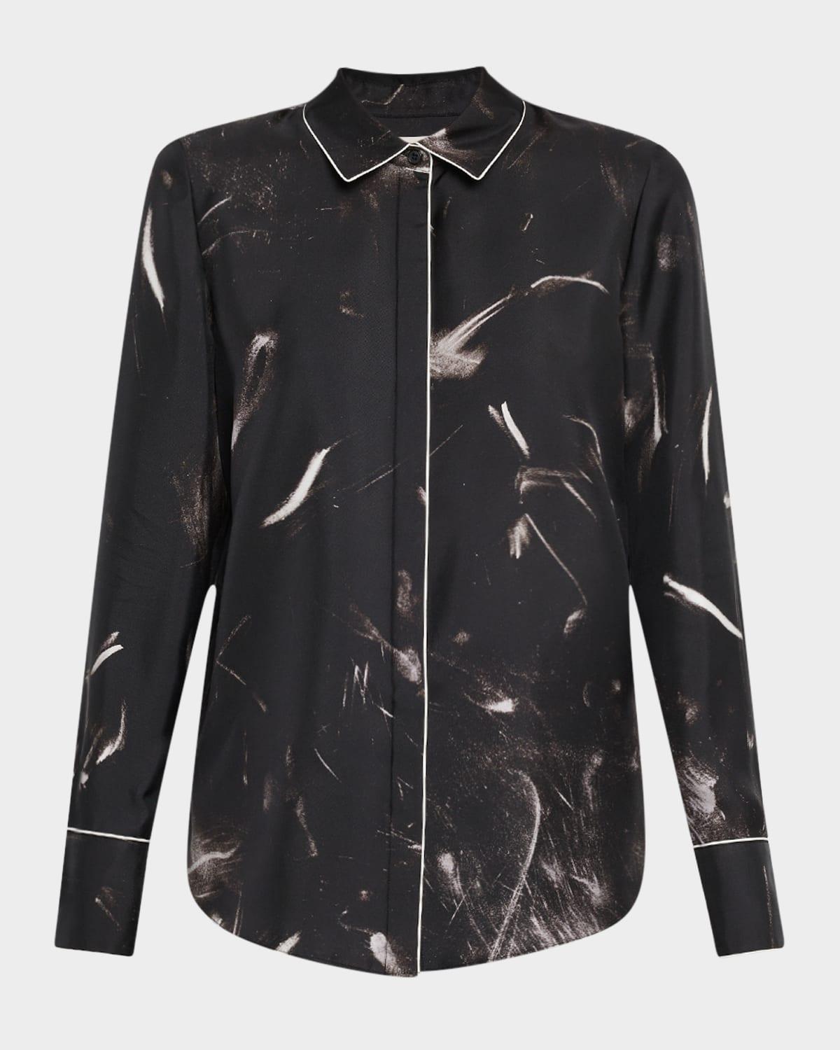 scottie piped abstract-print silk blouse