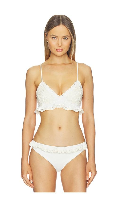 sea madelyn crochet bikini top with ruffle in white.