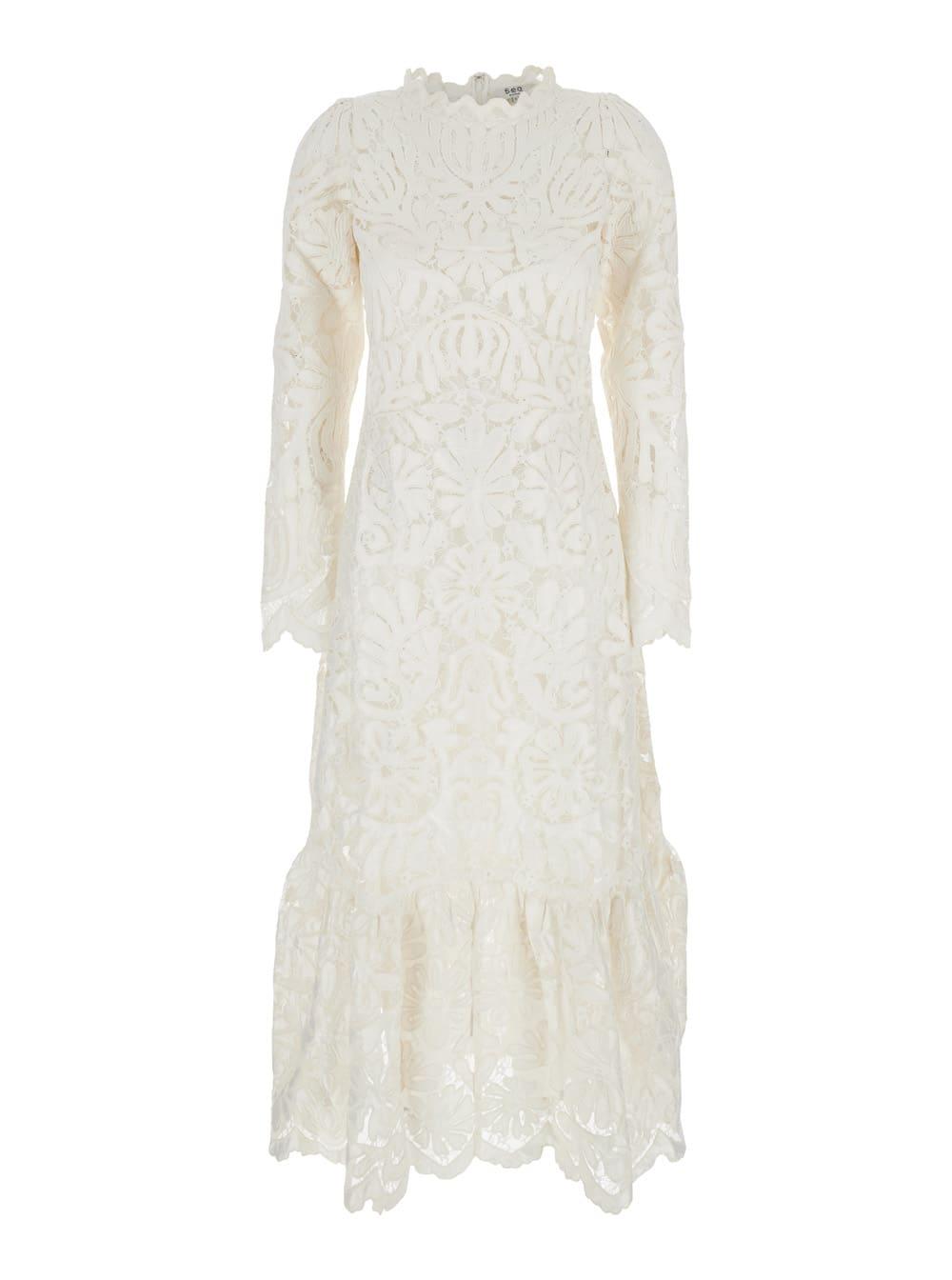 sea new york agathe applique white crewneck long dress with asymmetric hem in tech fabric woman