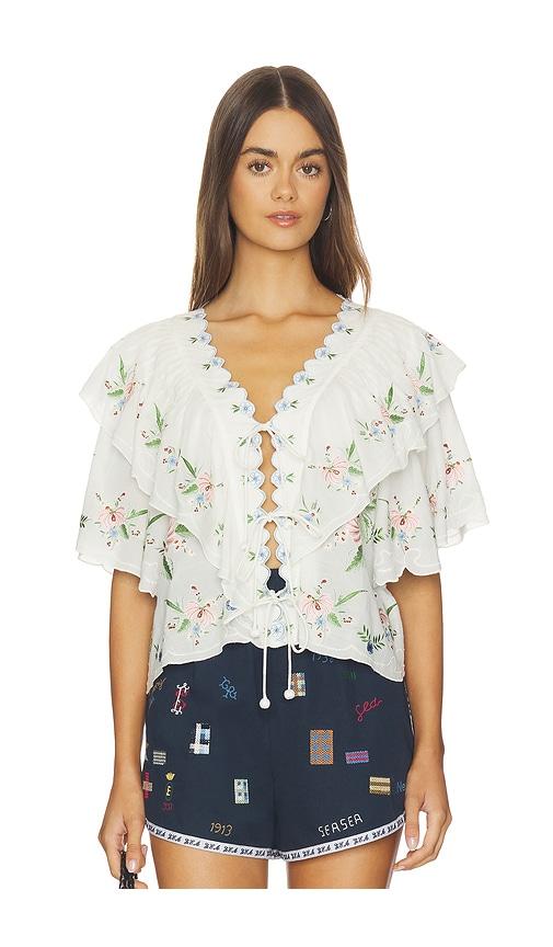 sea serafina embroidery shortsleeve top in cream.