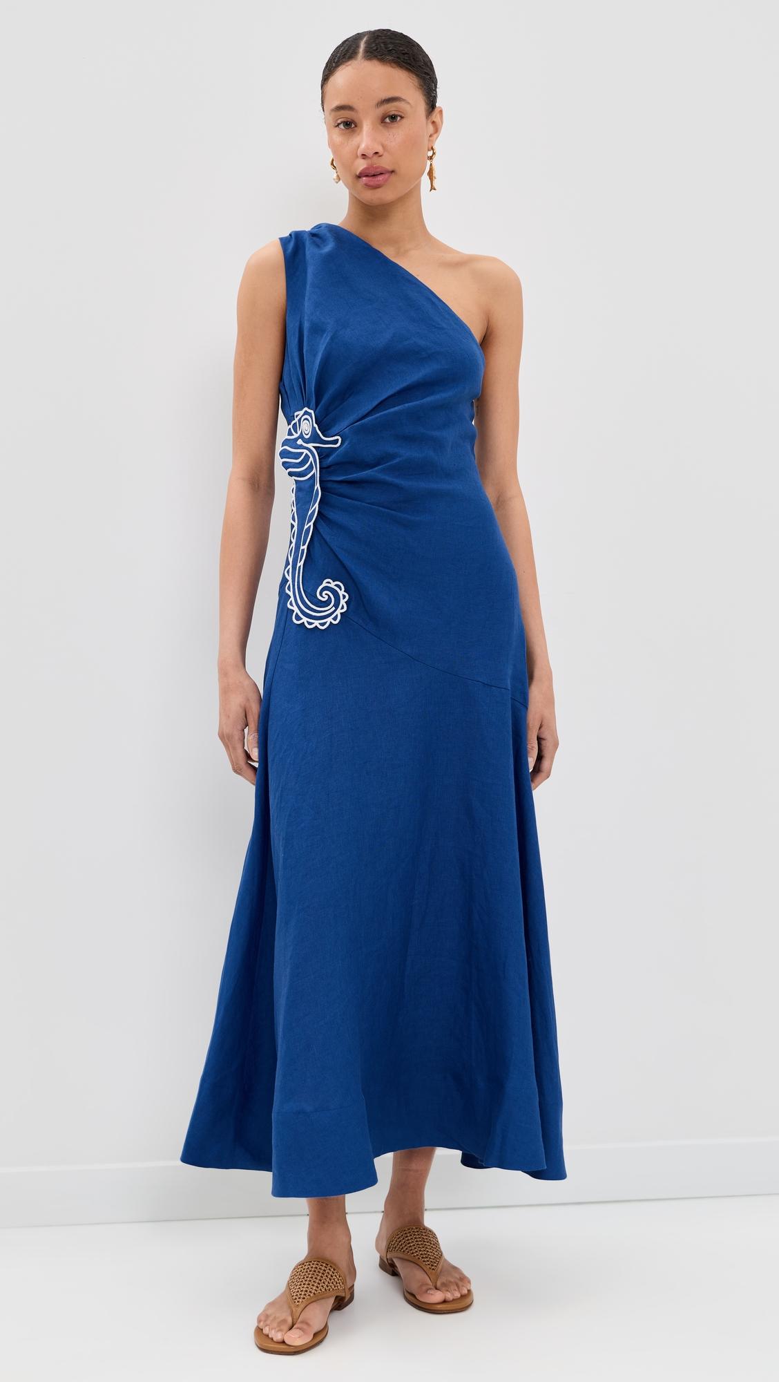 seahorse embroidery one shoulder maxi dress
