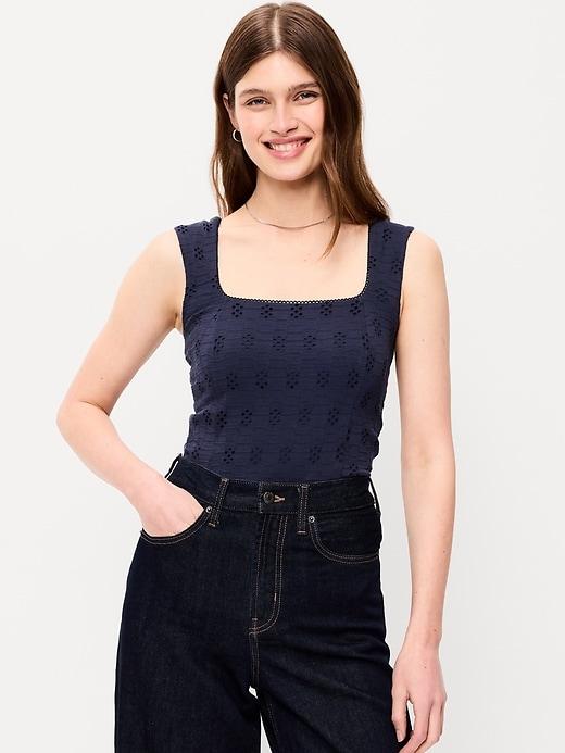 seamed-bodice eyelet tank top
