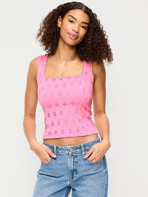 seamed-bodice eyelet tank top