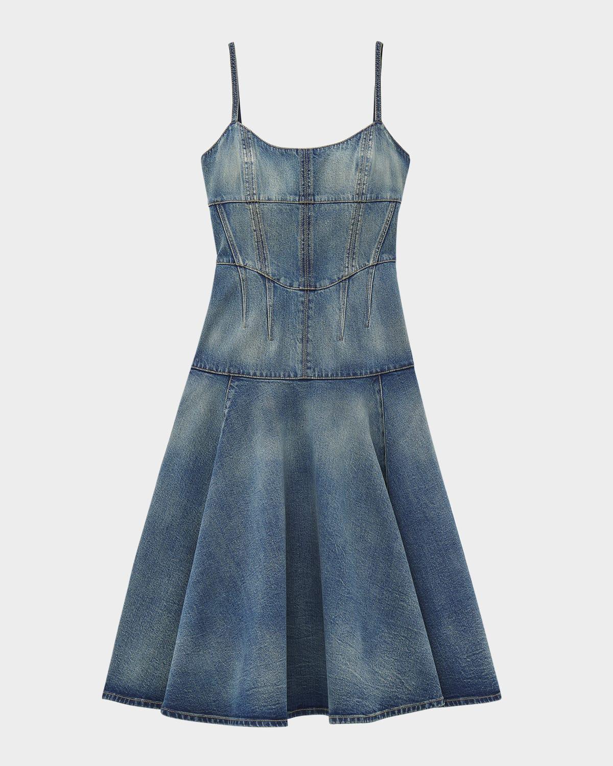seamed denim midi dress