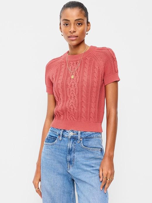 seaside cotton short-sleeve cable-knit cropped sweater
