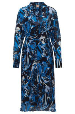 seasonal-print dress with belt and v neckline- patterned women's business dresses