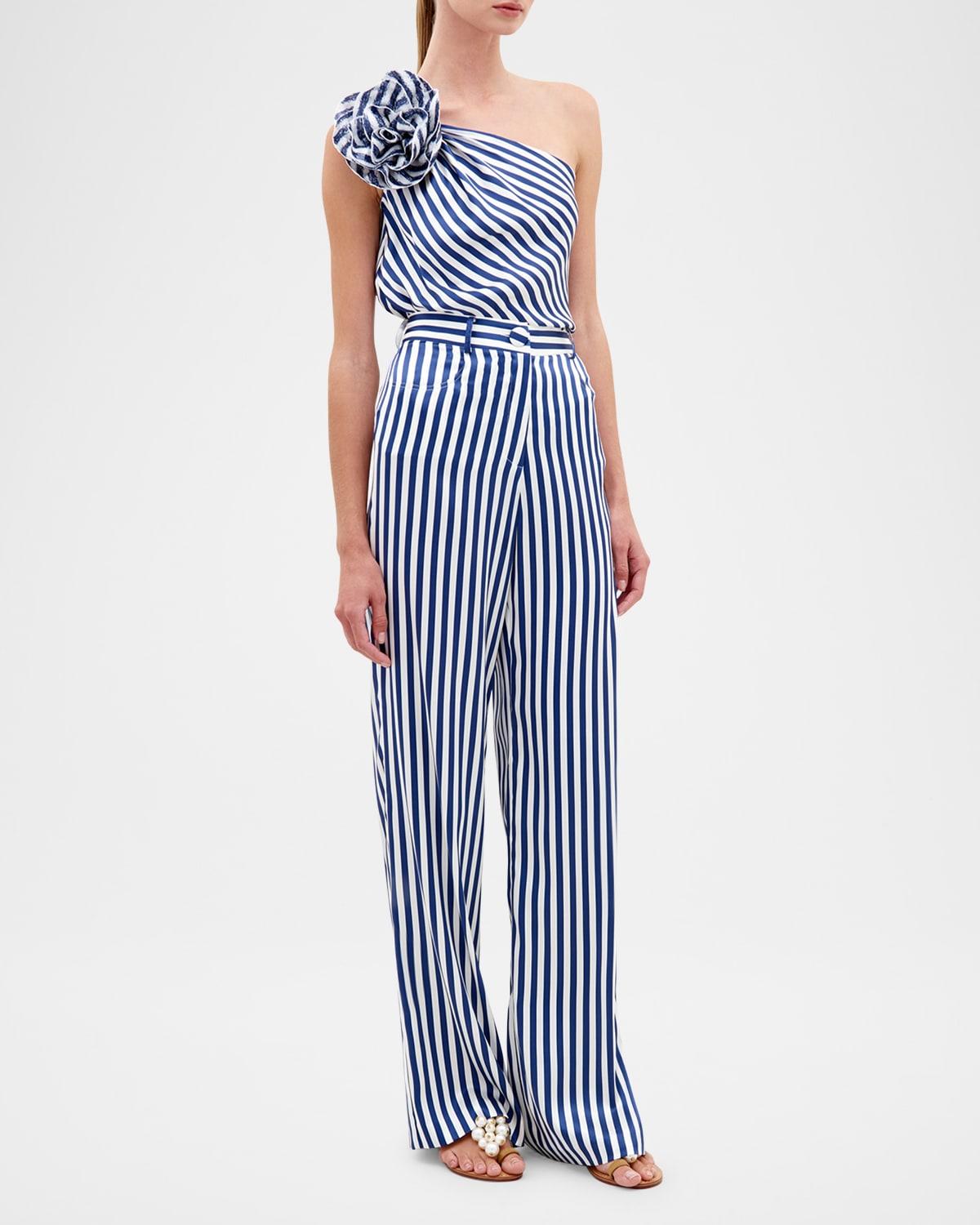 sebastiana sequined flower striped one-shoulder blouse