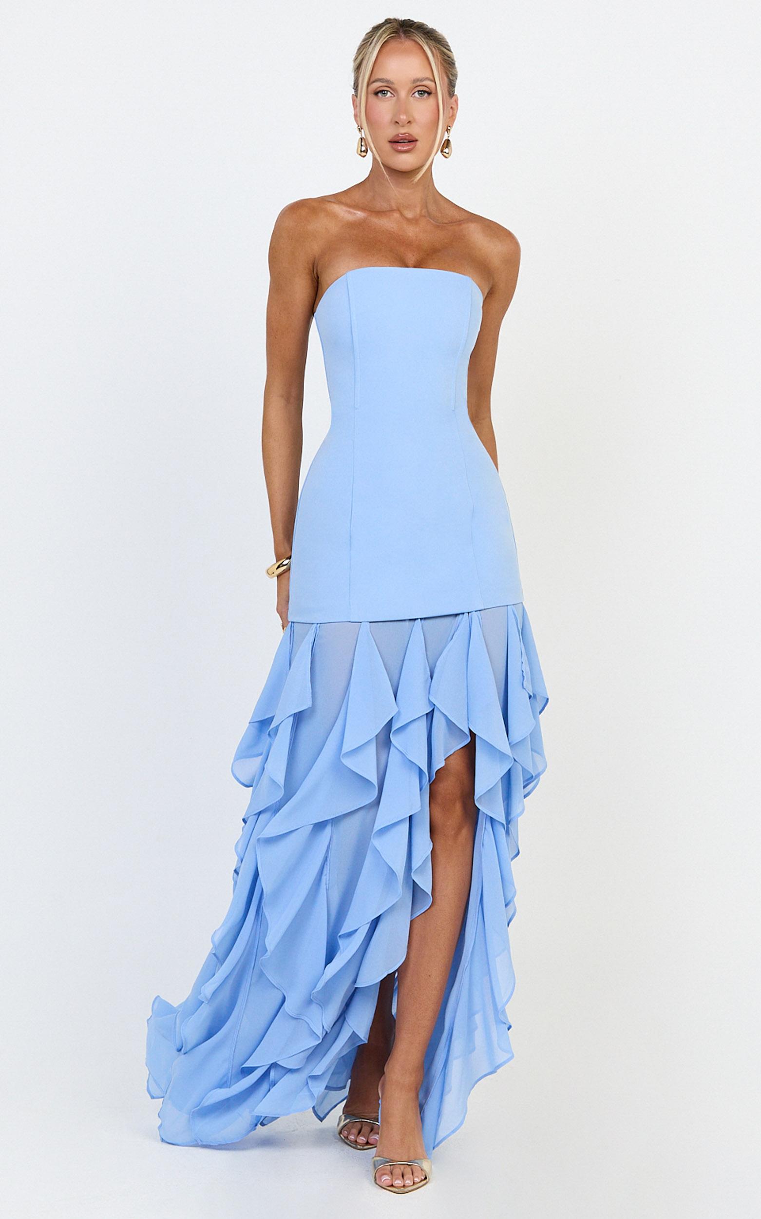 selani maxi dress - strapless bodice ruffle hem dress in sky blue