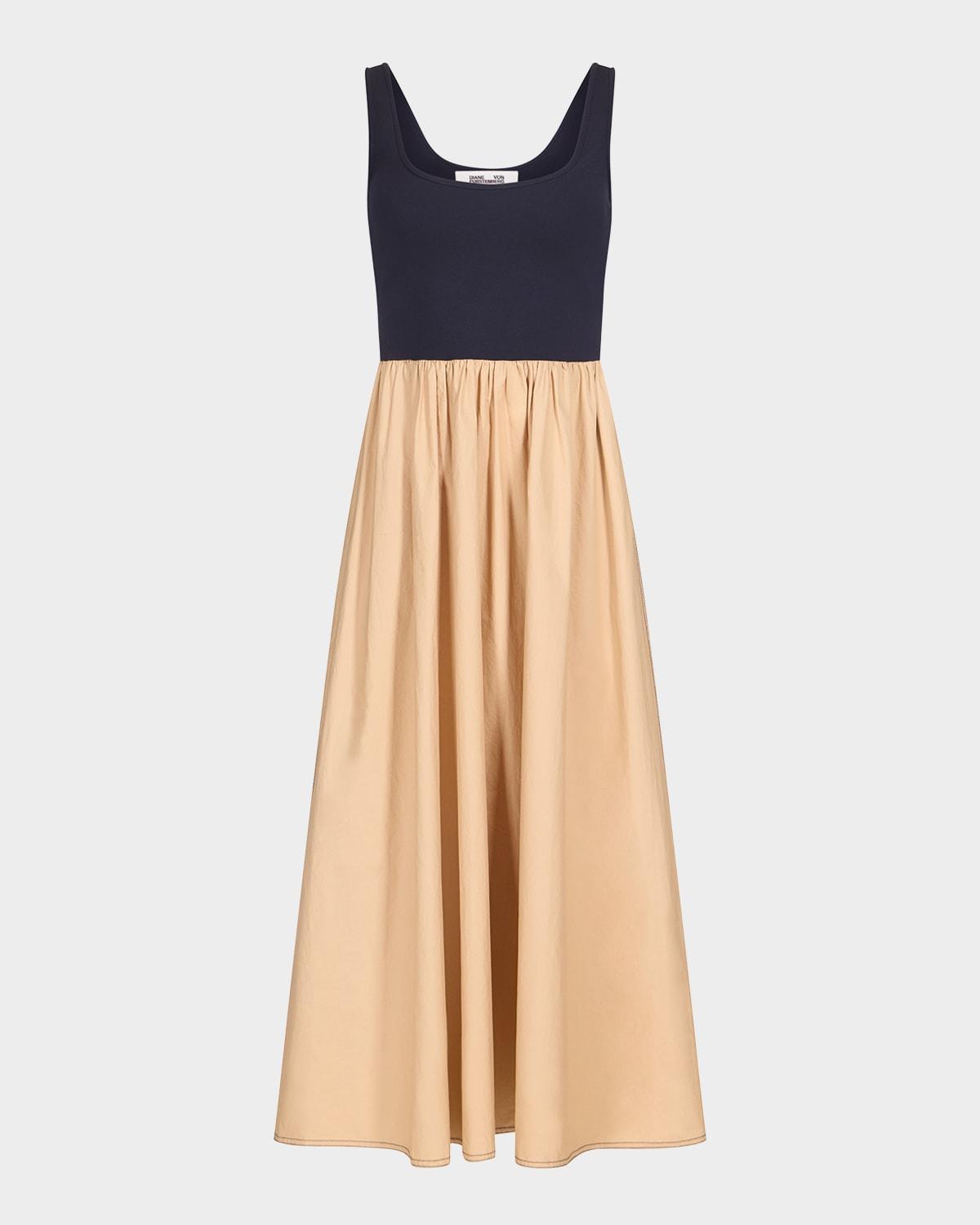 selena sleeveless ruched colorblock midi dress