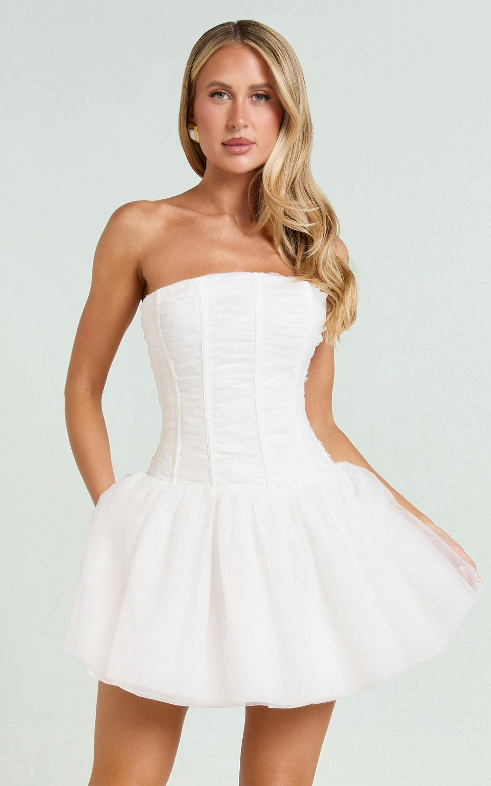 selene mini dress - ruched corset gathered skirt dress in ivory