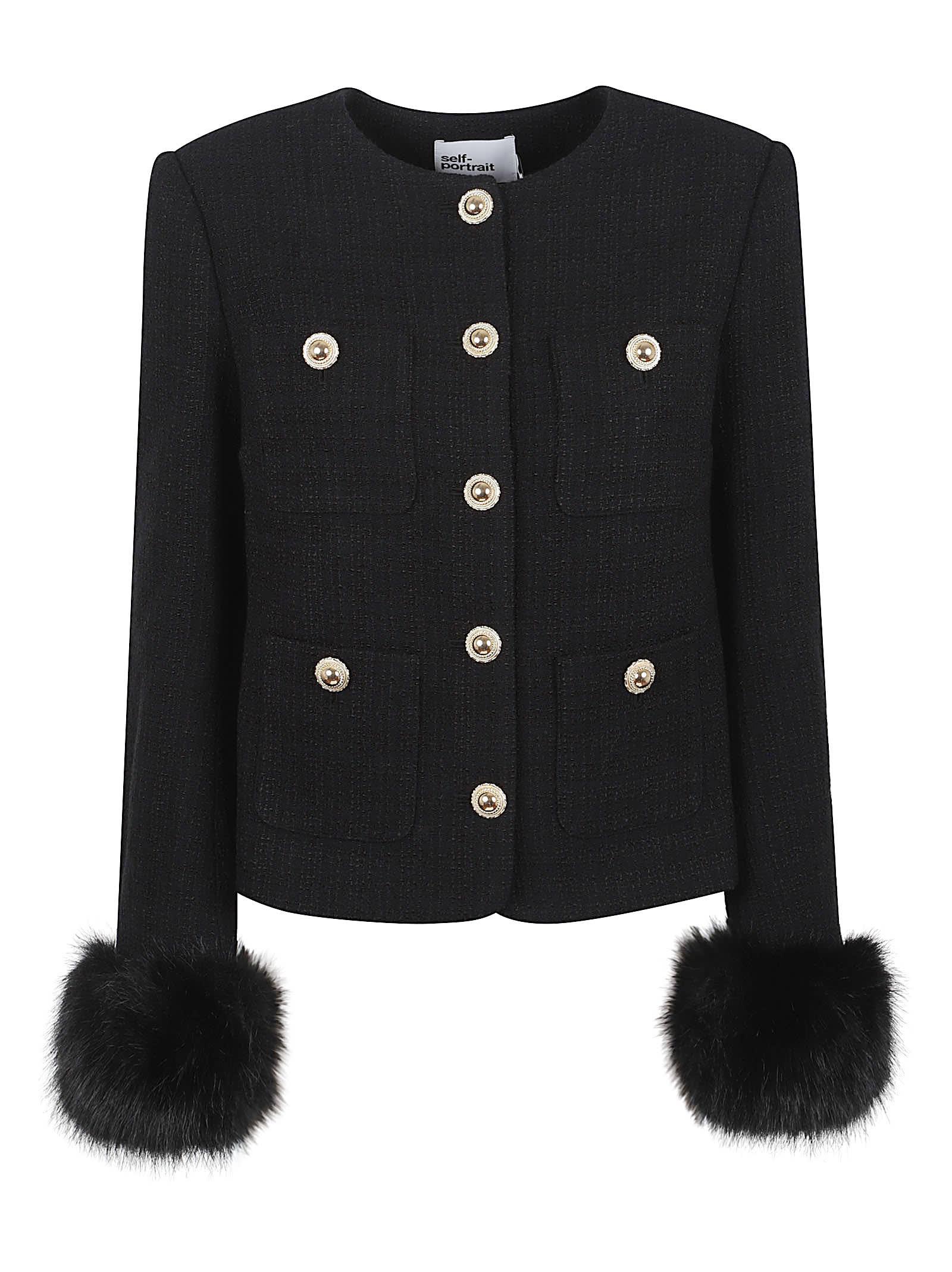 self-portrait black boucle fur cuff jacket