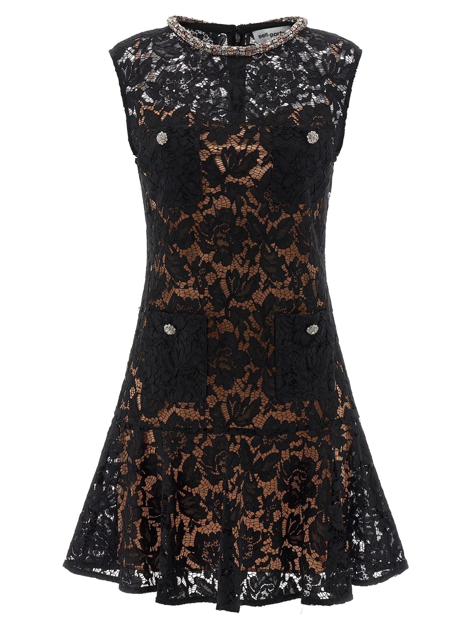 self-portrait black lace crystal dress