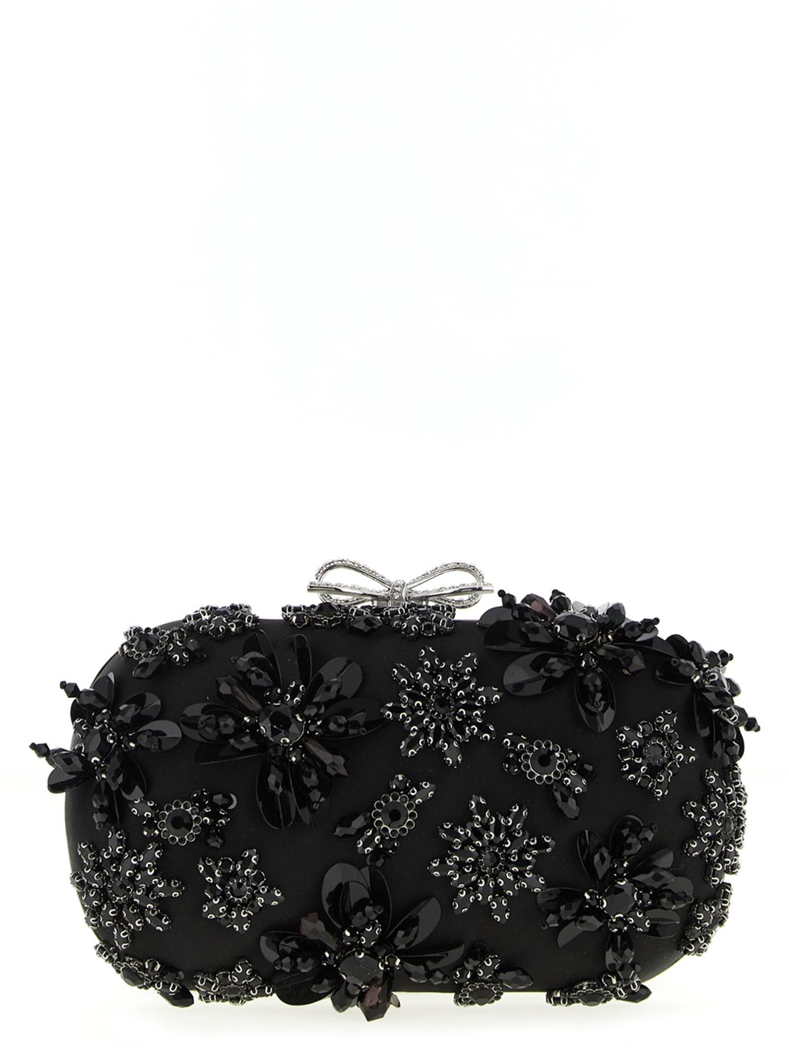self-portrait black satin floral crystal clutch polyester elastane - women