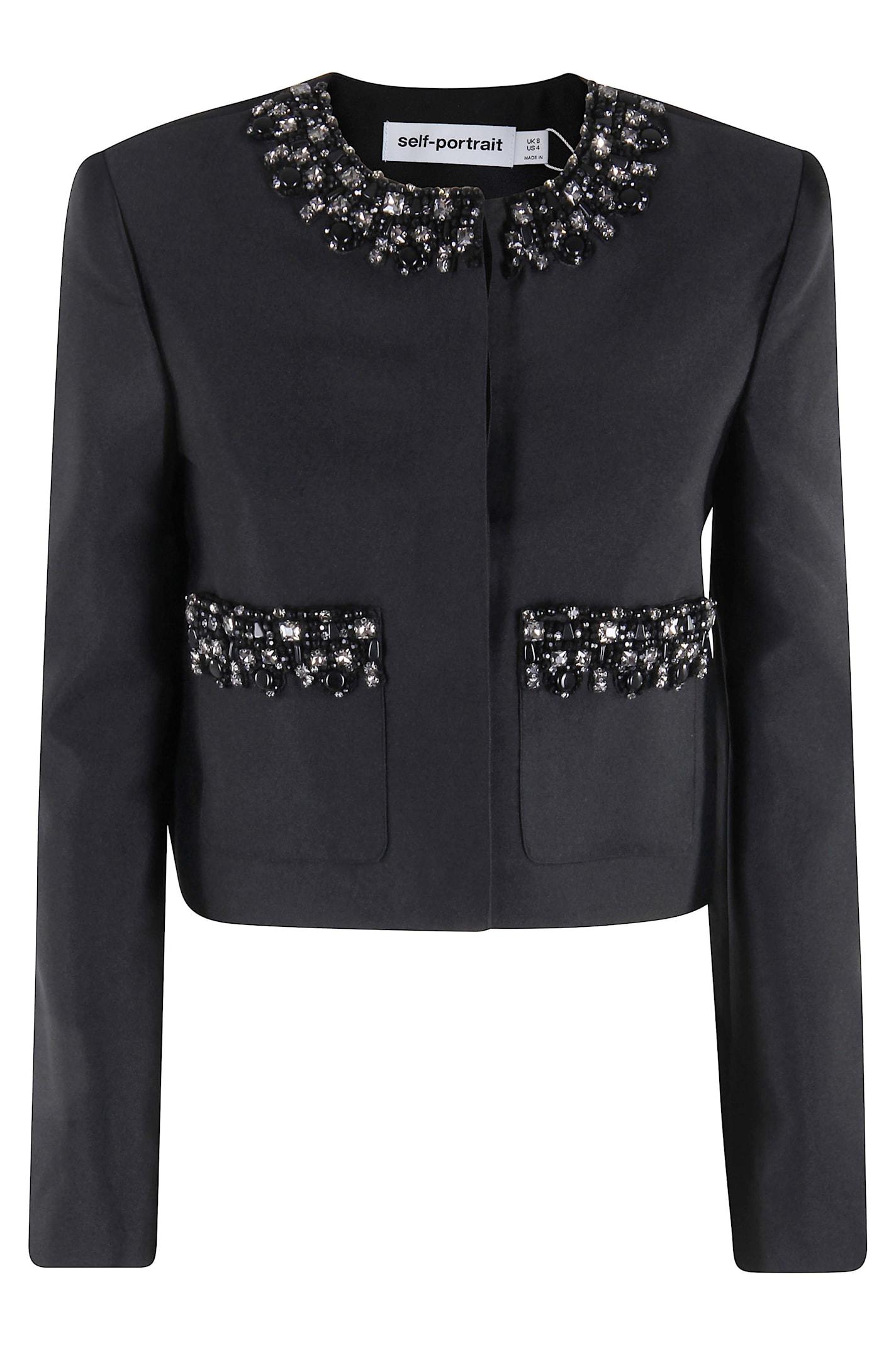 self-portrait black taffeta embellished trim jacket