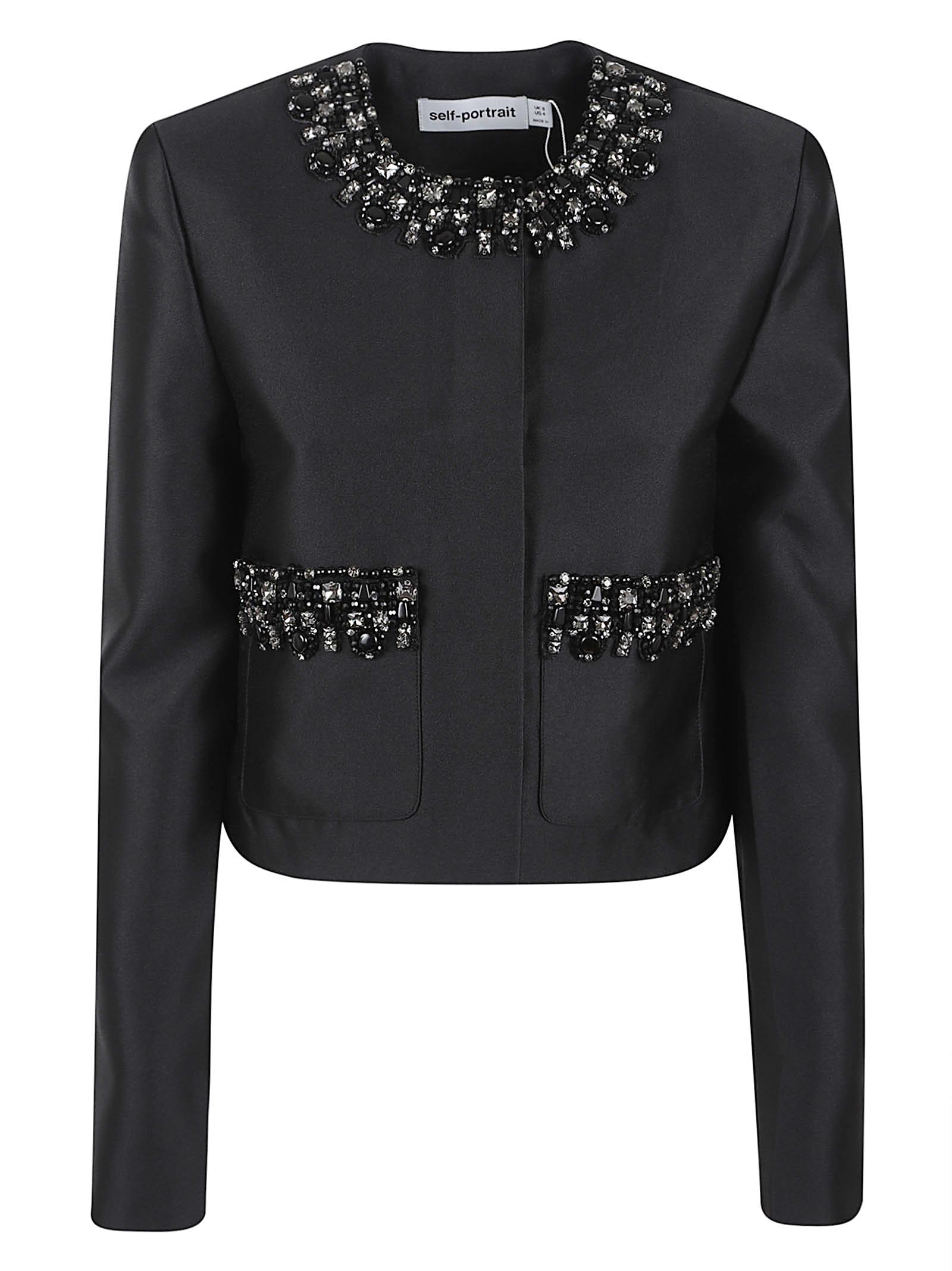 self-portrait black taffeta embellished trim mini dress