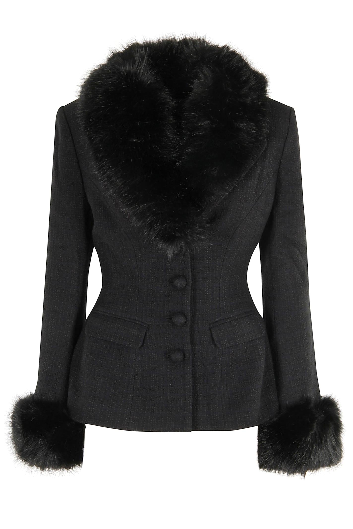 self-portrait black tailored boucle fur jacket