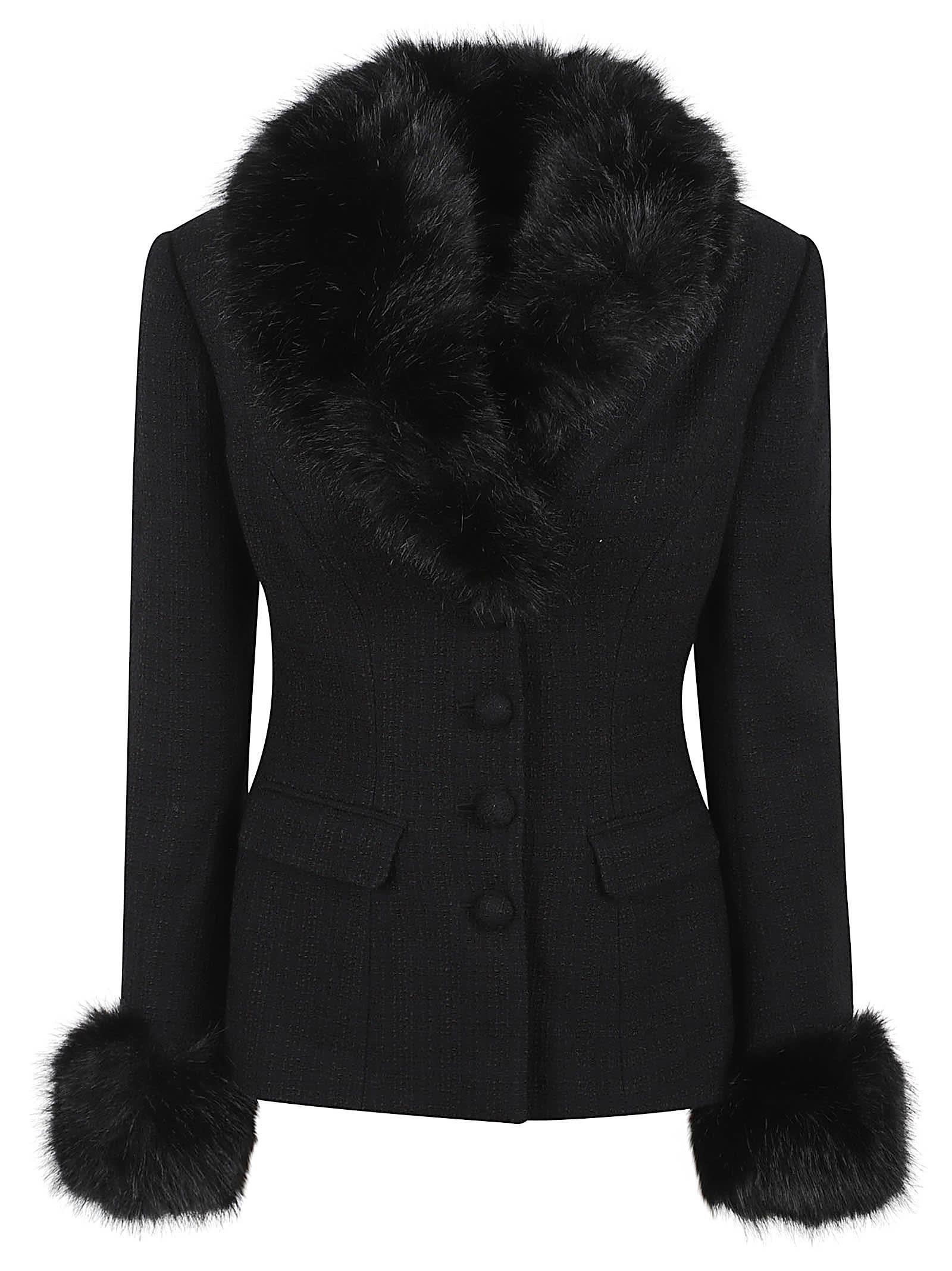 self-portrait black tailored boucle fur jacket