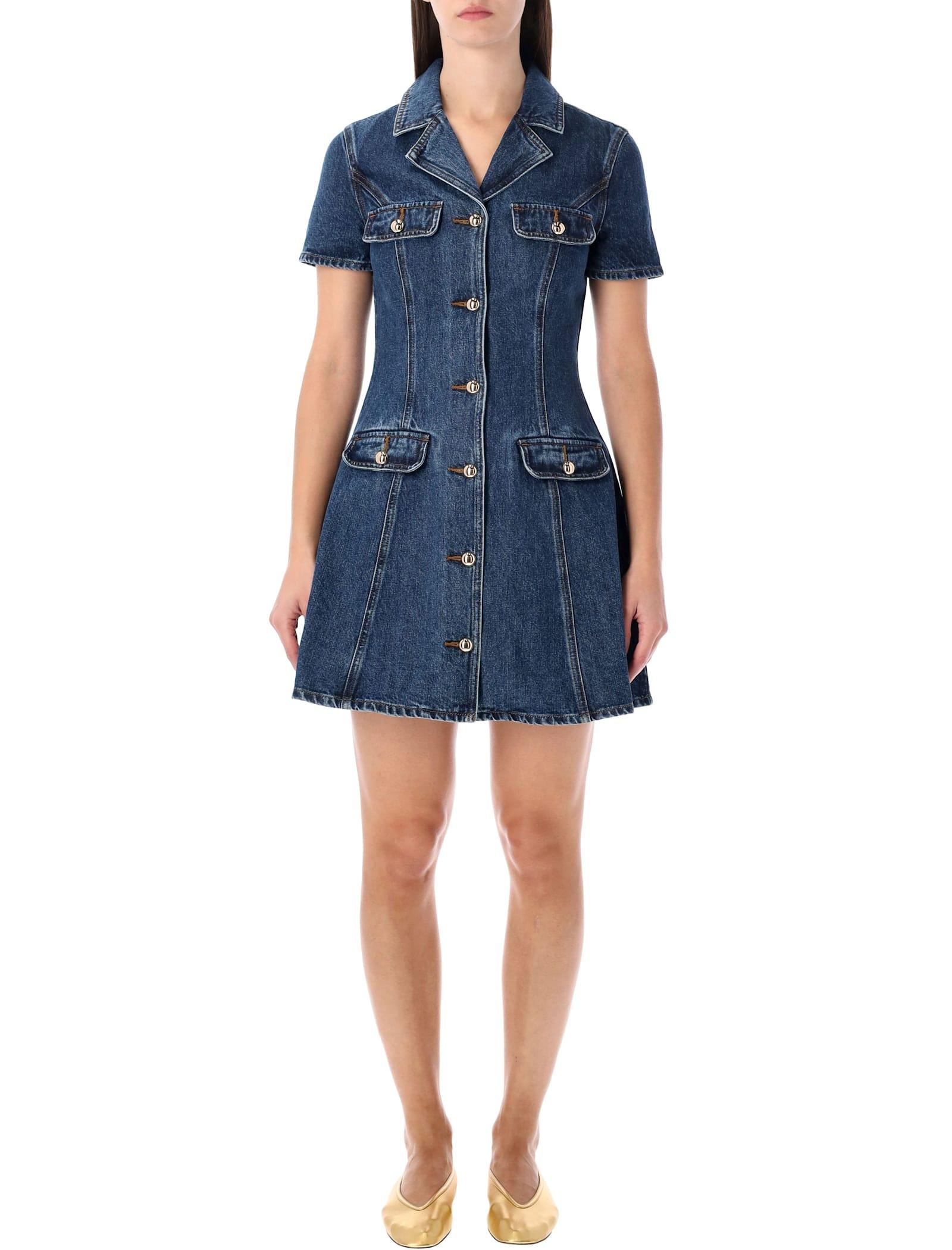 self-portrait blue denim mini dress with gold buttons