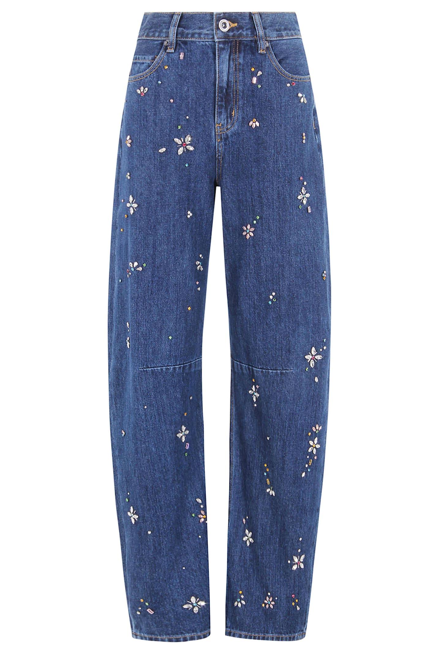 self-portrait blue embellished barrel leg jeans