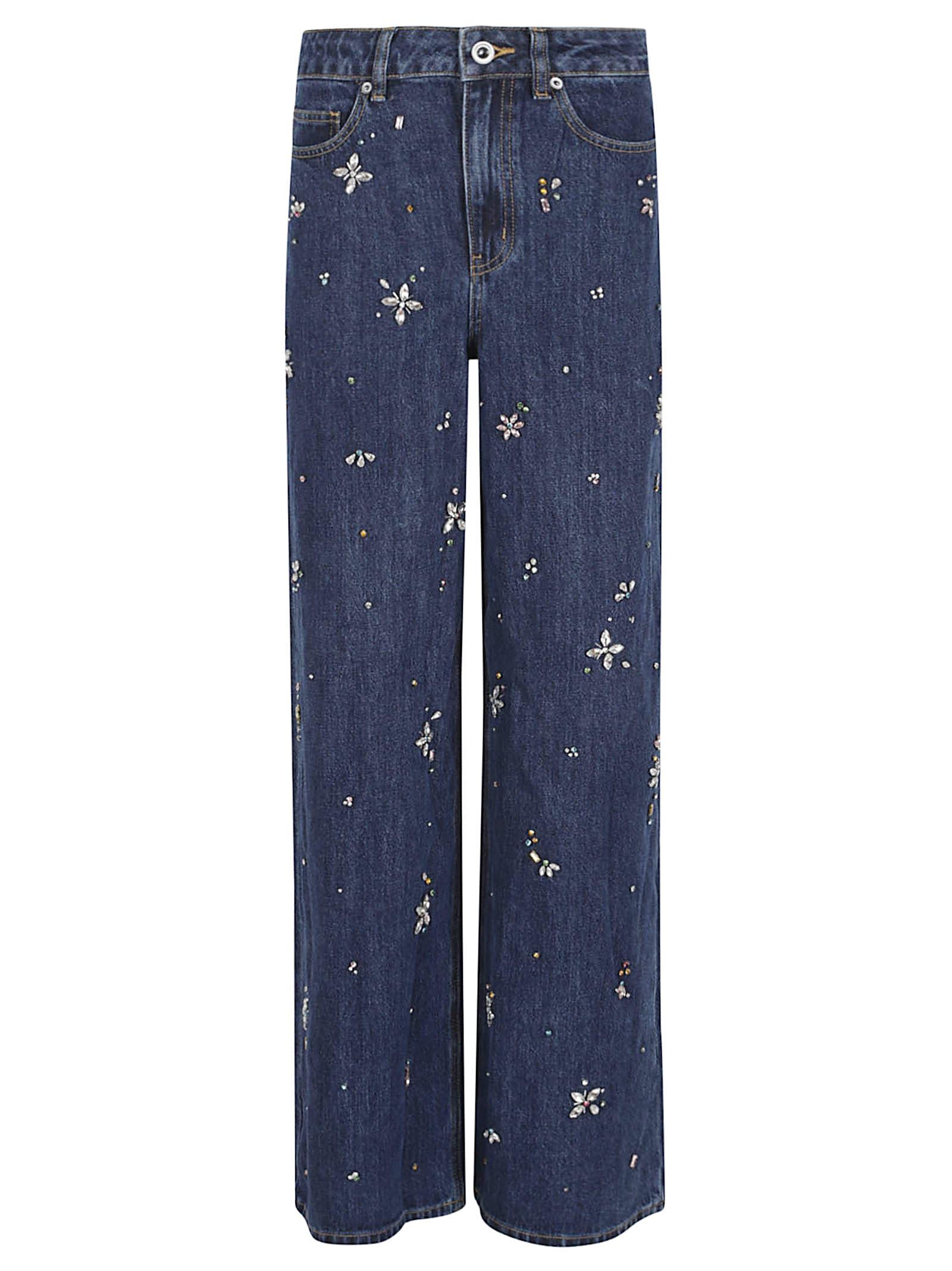 self-portrait blue embellished wide leg jeans