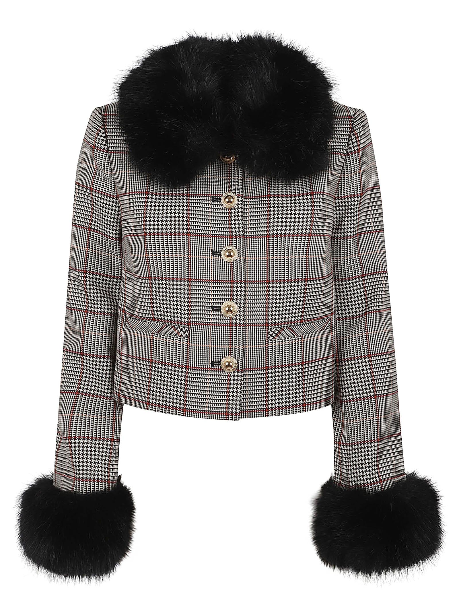 self-portrait brown check fur cuff jacket