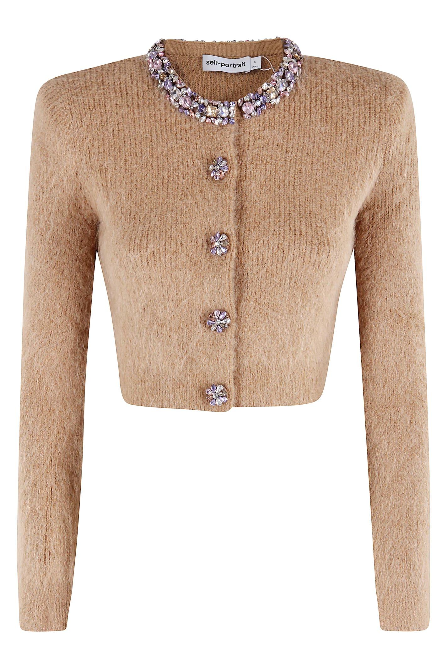 self-portrait brown embellished trim cardigan