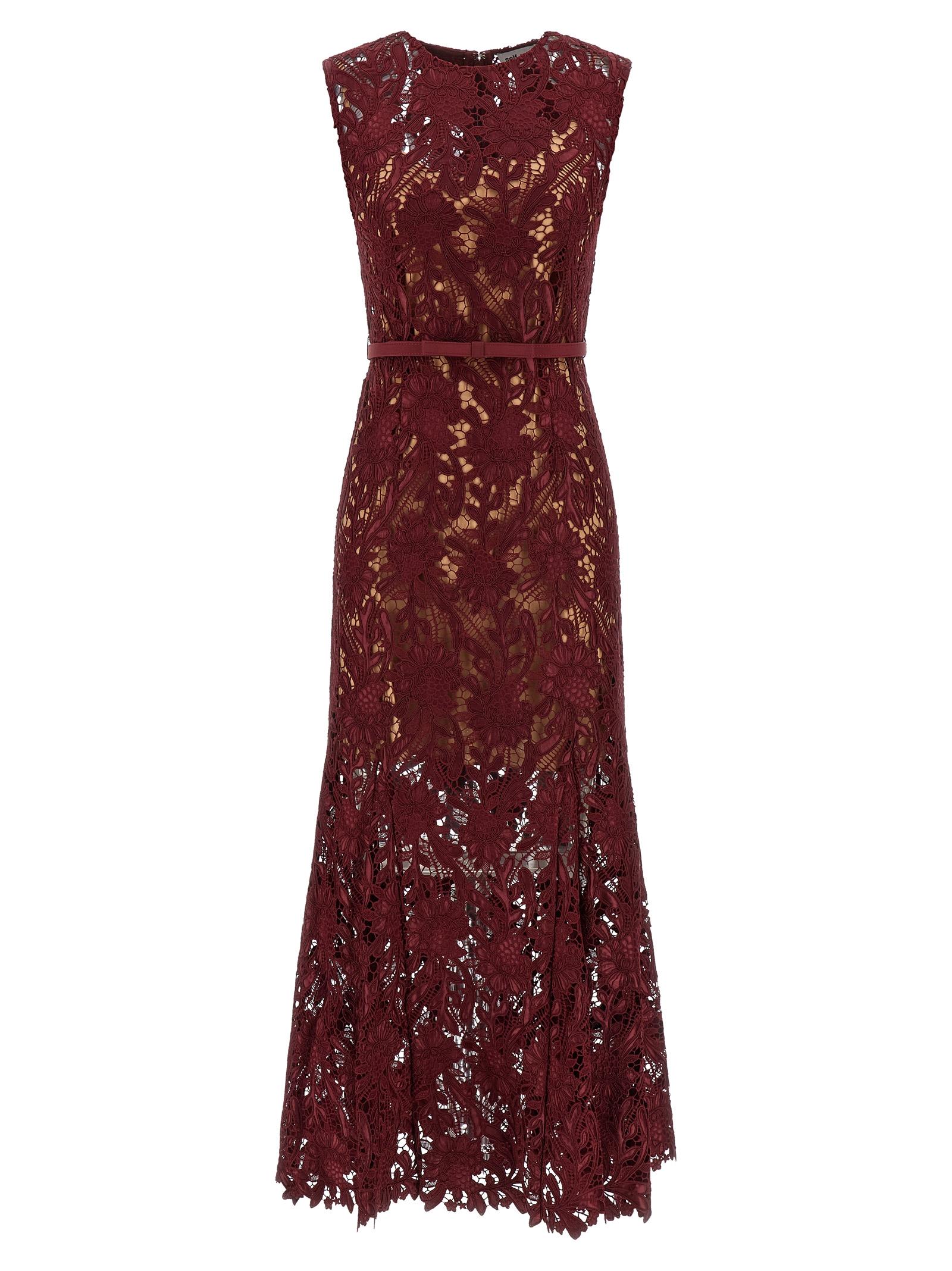 self-portrait burgundy guipure lace midi dress bordeaux polyester elastane - women