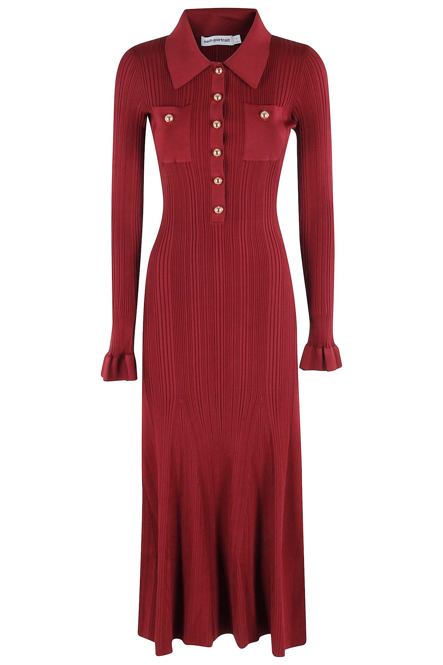 self-portrait burgundy ribbed knit midi dress