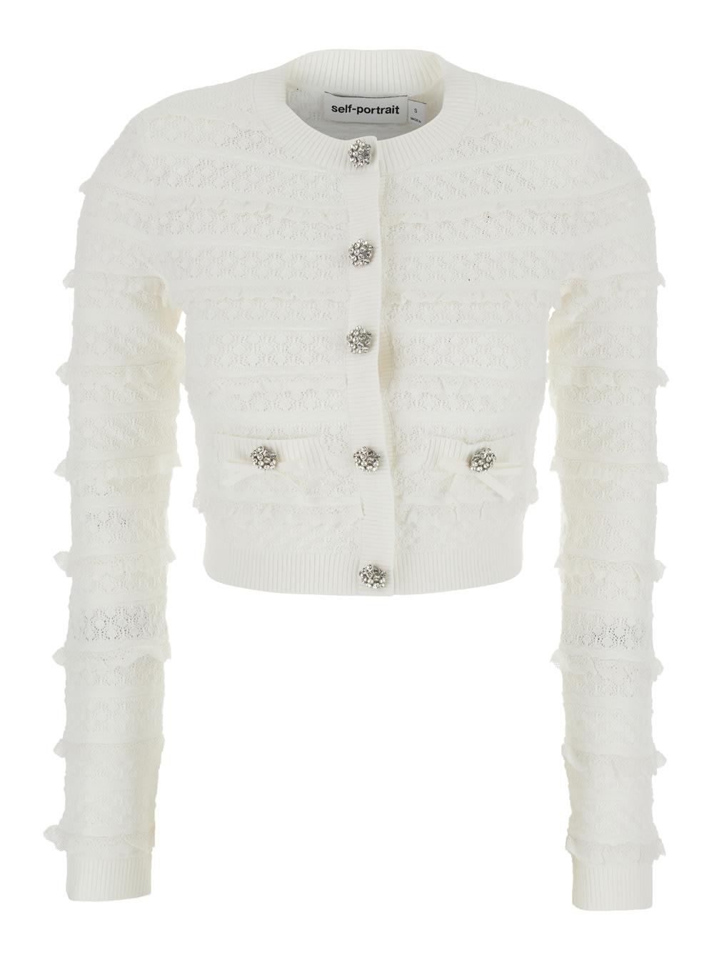 self-portrait cardigan white pointelle diamante with long sleeves in white knit for women