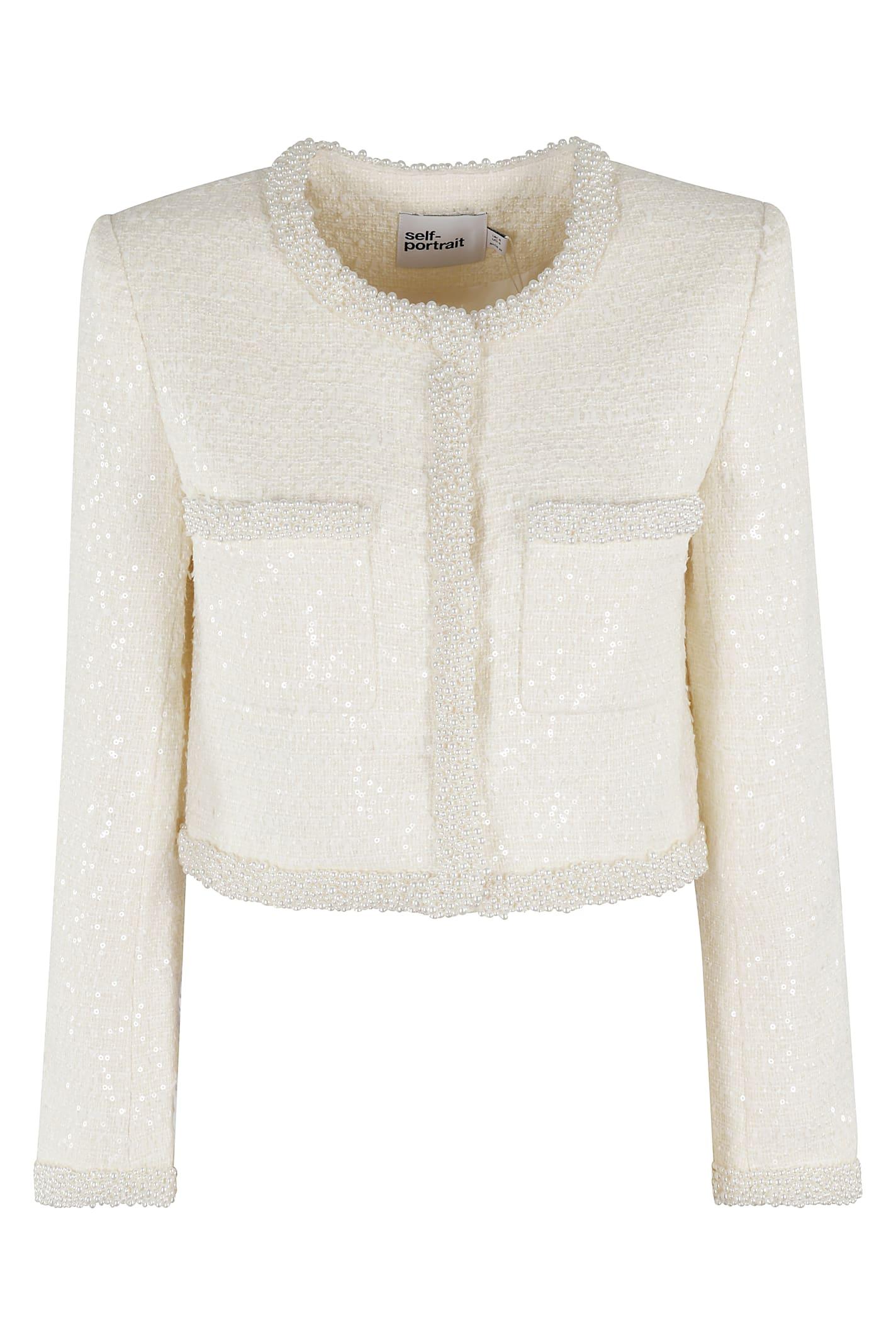 self-portrait cream boucle pearl trim jacket