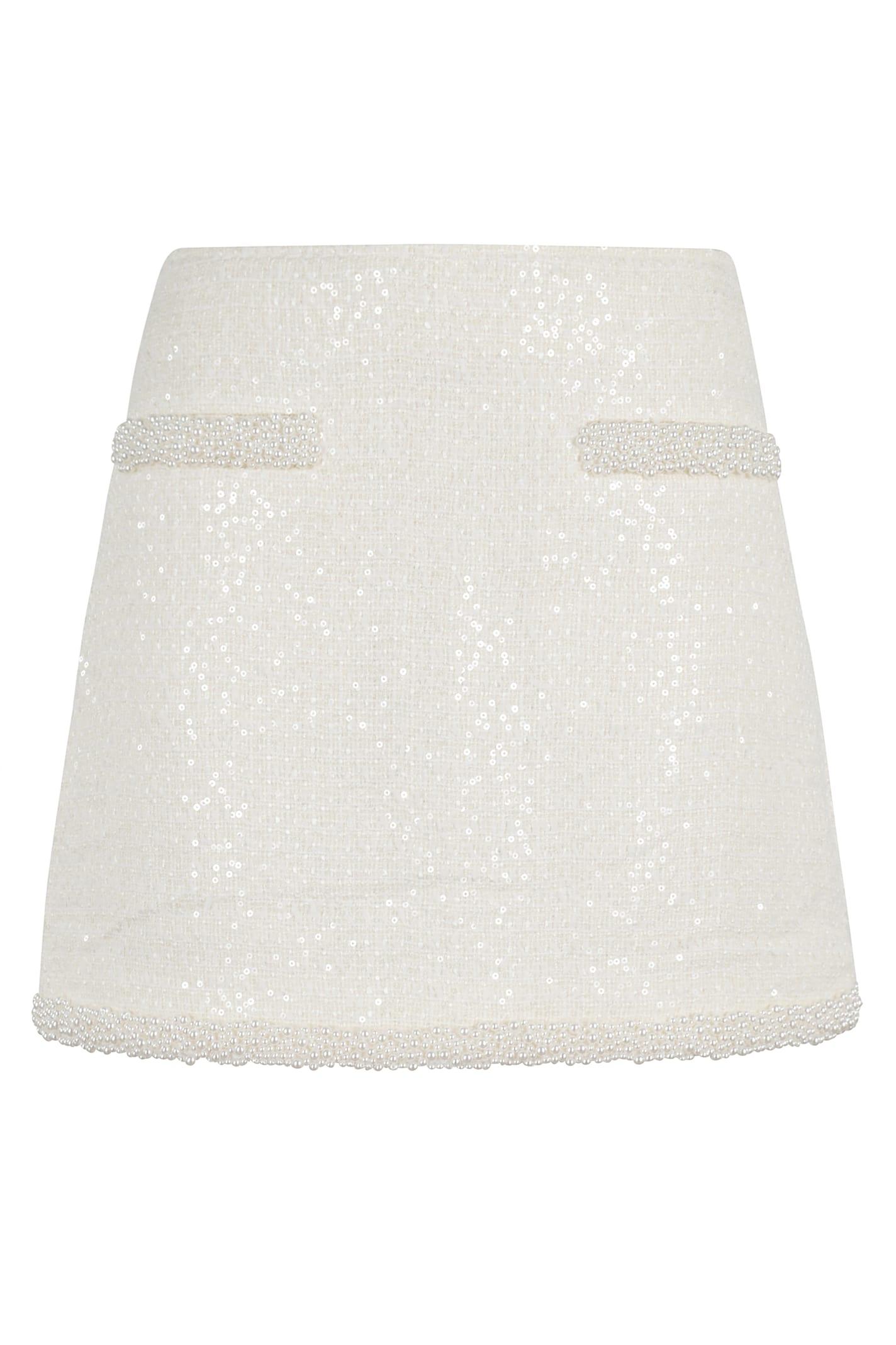 self-portrait cream boucle pearl trim mini skirt