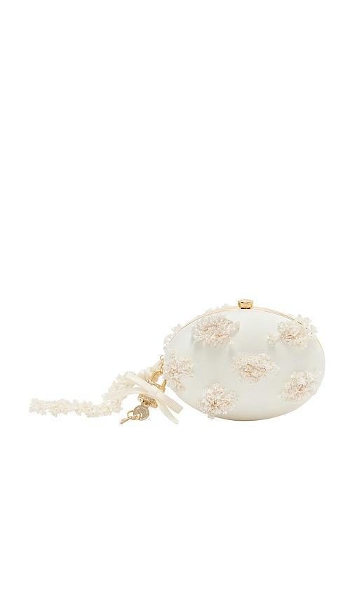 self-portrait cream satin floral beaded oval clutch in cream.