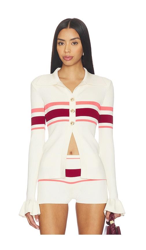 self-portrait cream stripe viscose knit button top in cream.