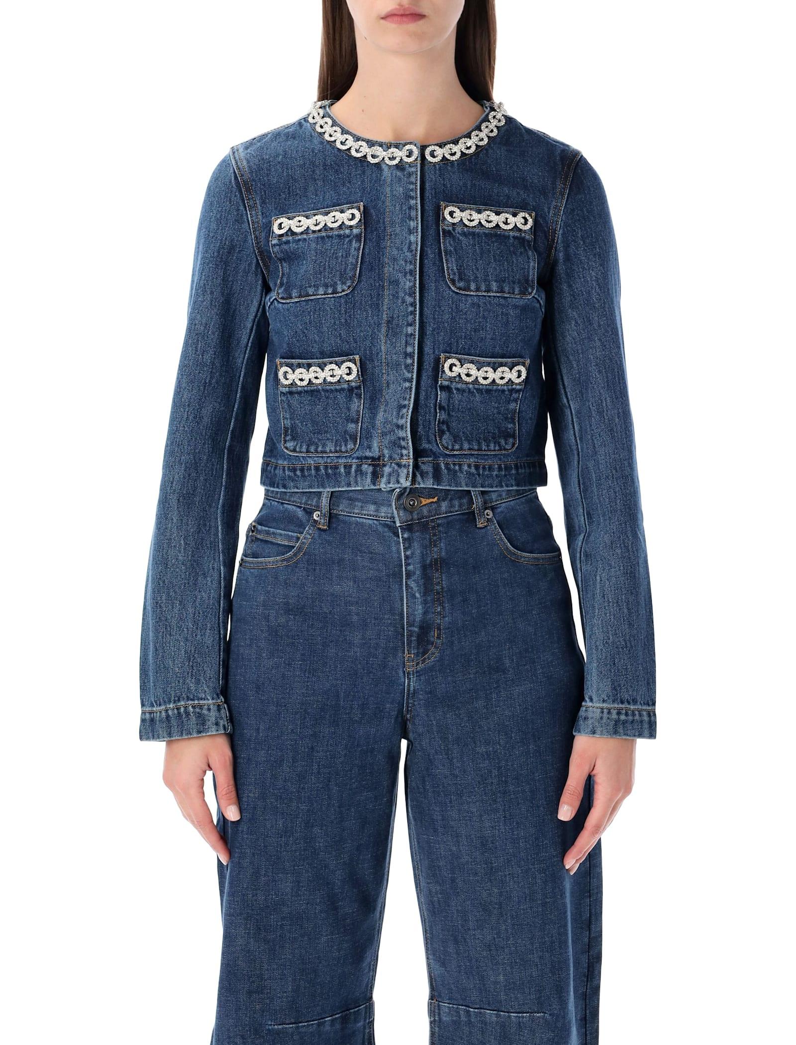 self-portrait cropped denim jacket with crystal chain trims