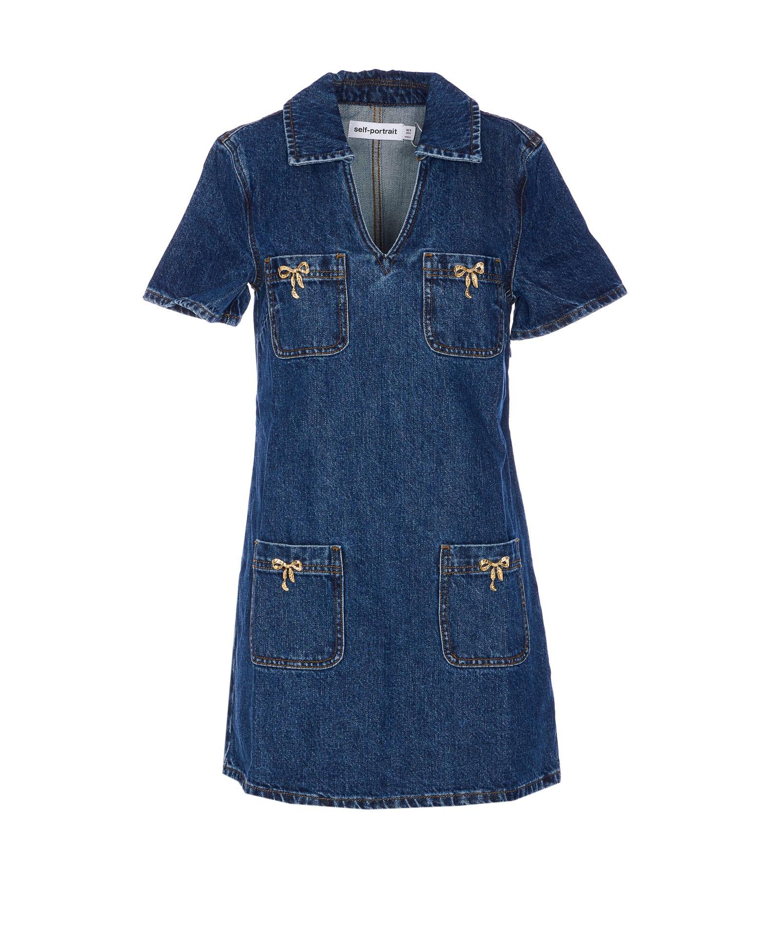 self-portrait denim crystal bow mini dress