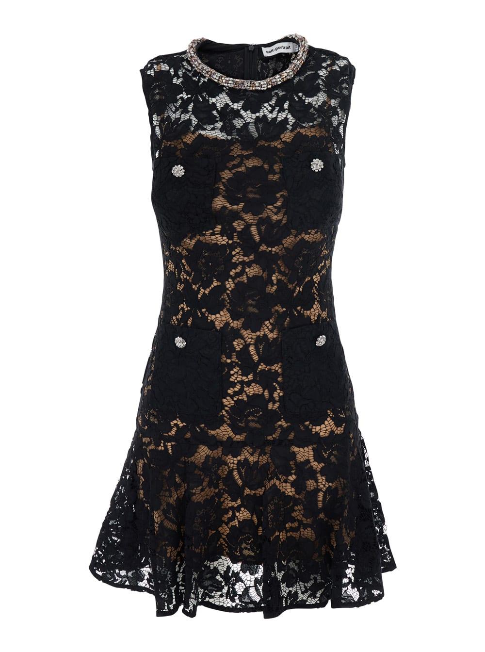 self-portrait dress black black lace crystal mini dress with lace and crystal details - fabric - women