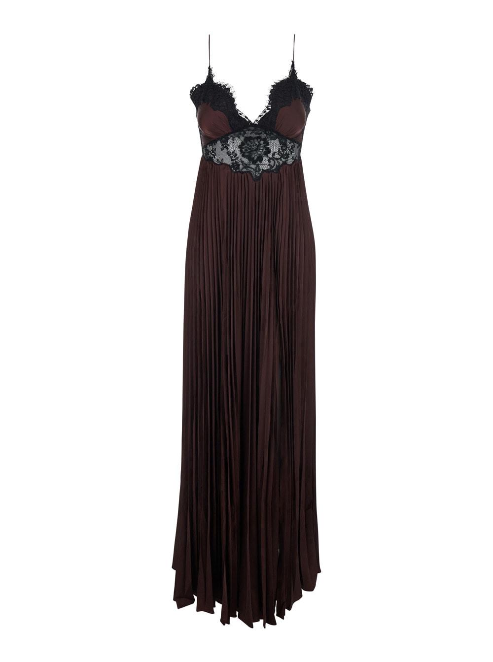 self-portrait dress brown satin lace insert maxi dress with brown lace inserts