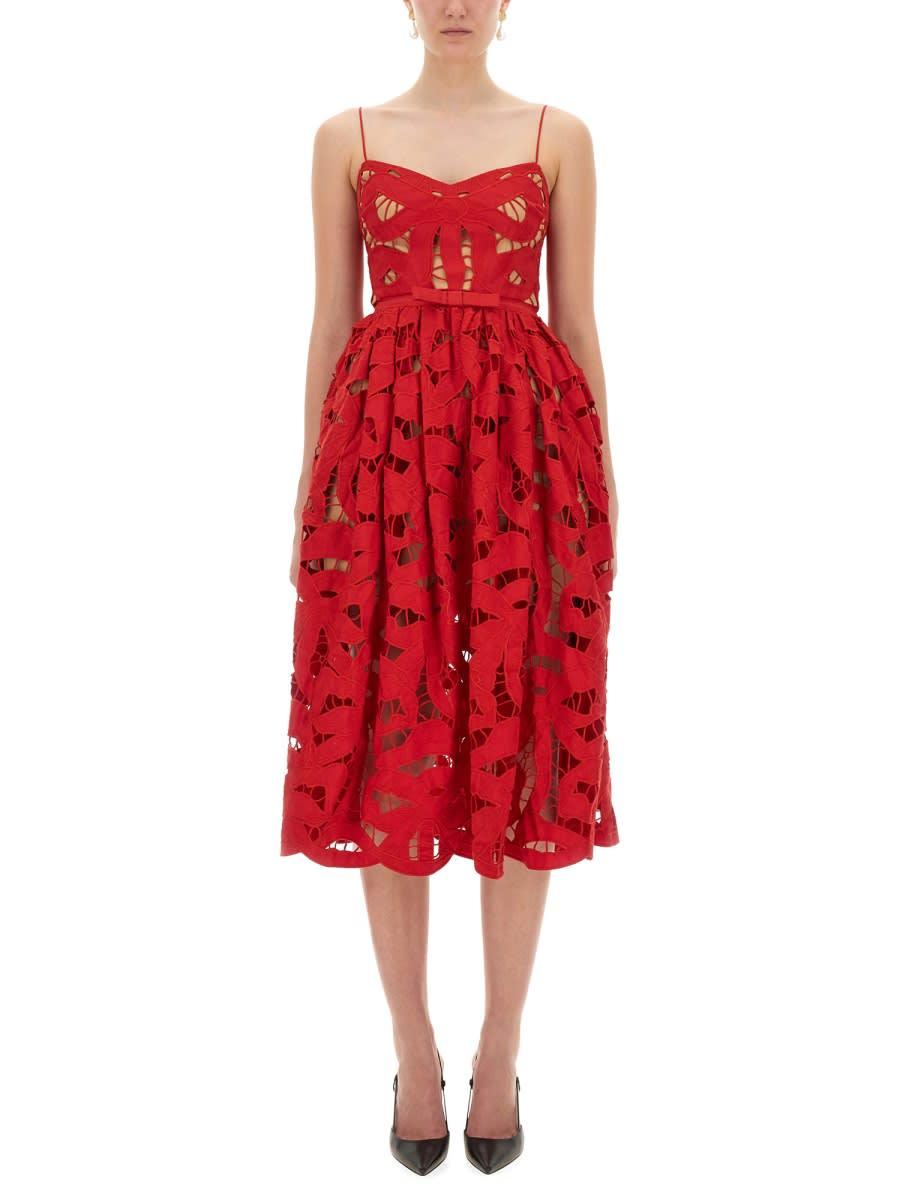 self-portrait embroidered midi dress with bow
