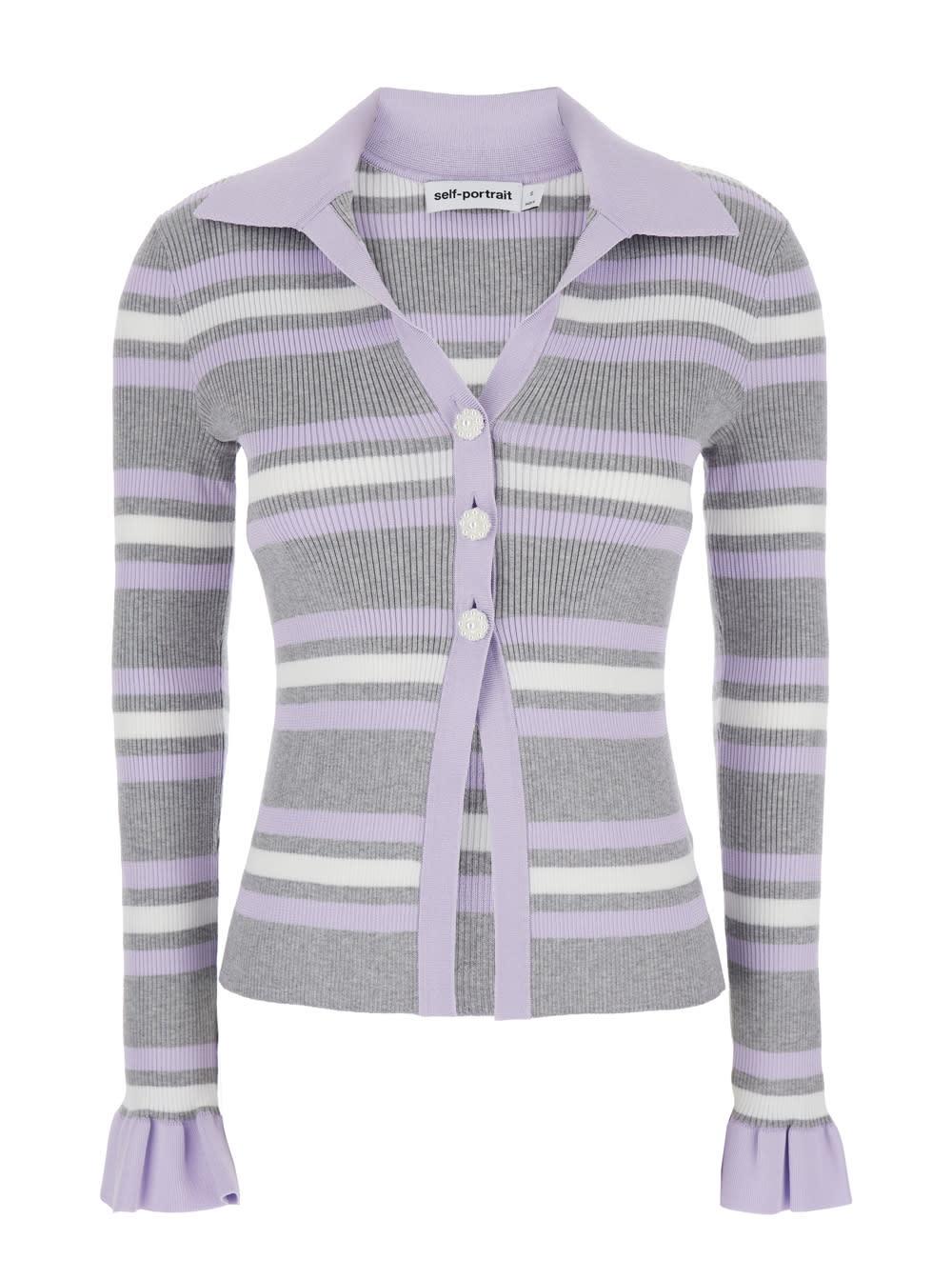 self-portrait grey cardigan with spread collar and all-over striped motif in viscose blend woman