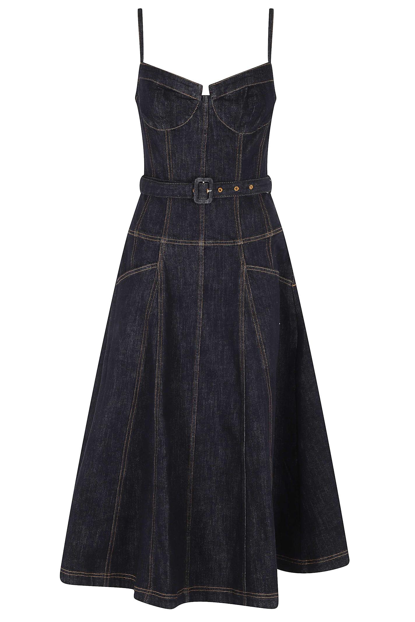 self-portrait indigo denim flared midi dress