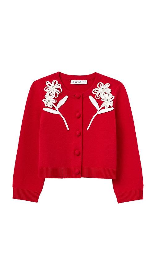 self-portrait kids cotton flower trim cardigan in red.