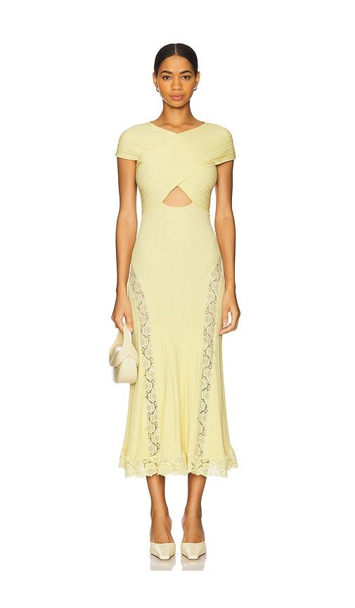 self-portrait knit lace insert midi dress in yellow.