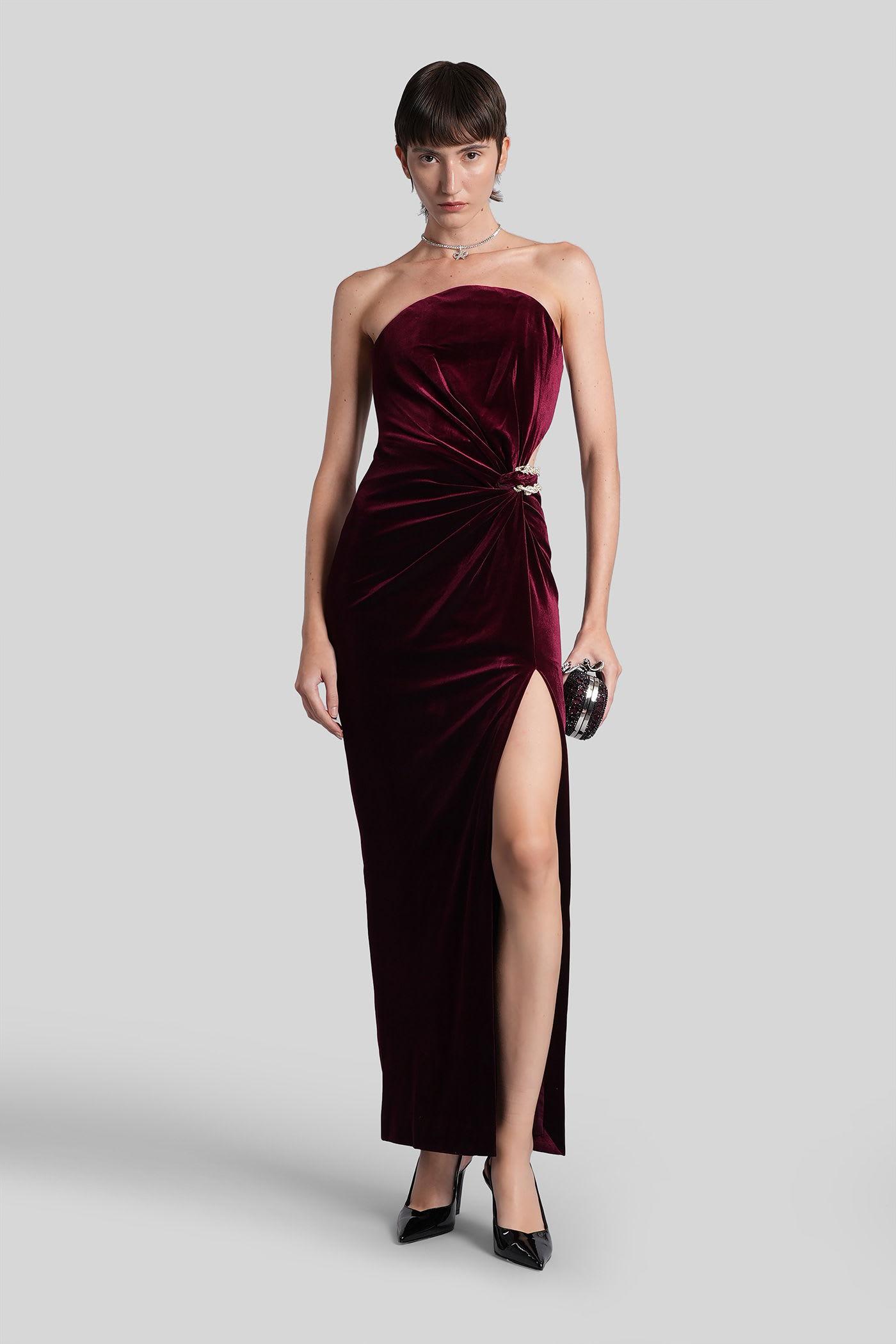 self-portrait long dress in bordeaux polyester
