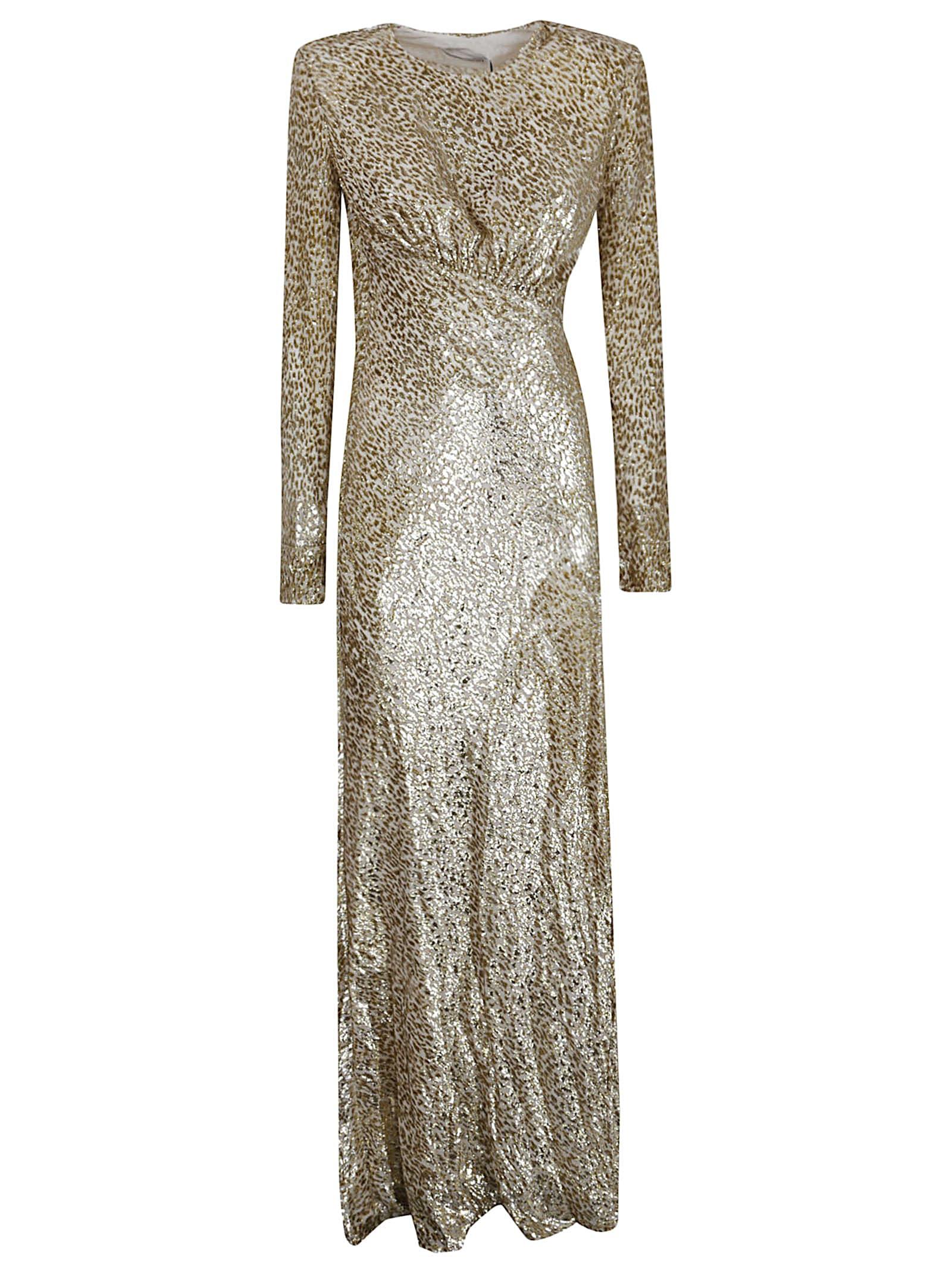 self-portrait long dress in gold thread