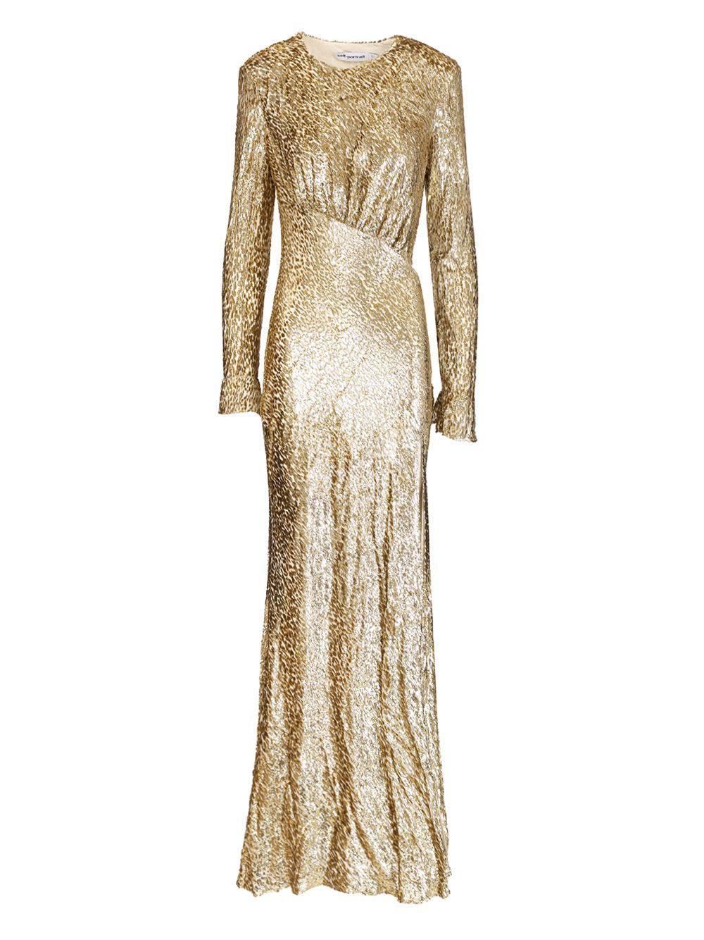 self-portrait long dress in gold thread