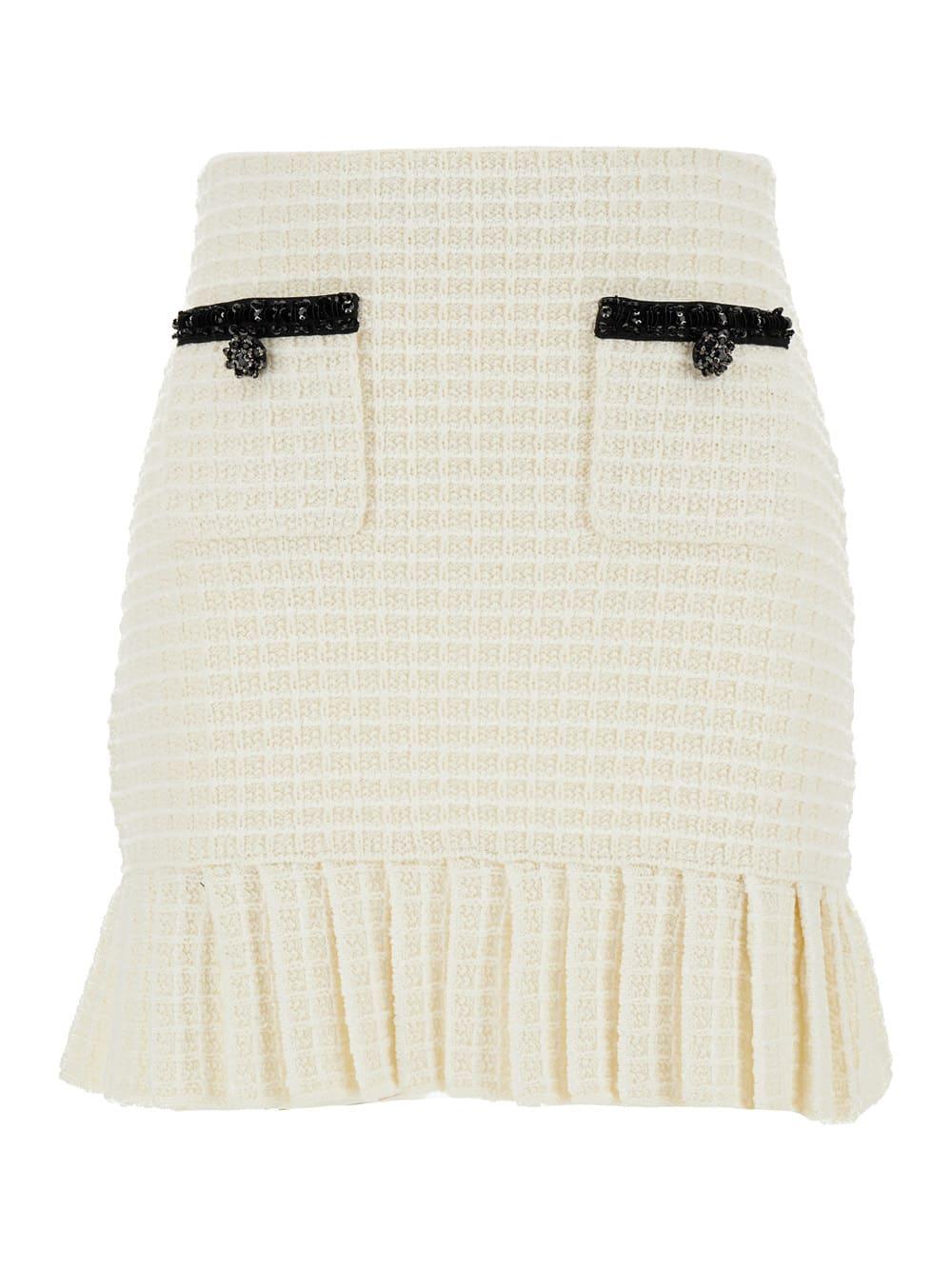 self-portrait mini white skirt with pleated hem in tweed woman