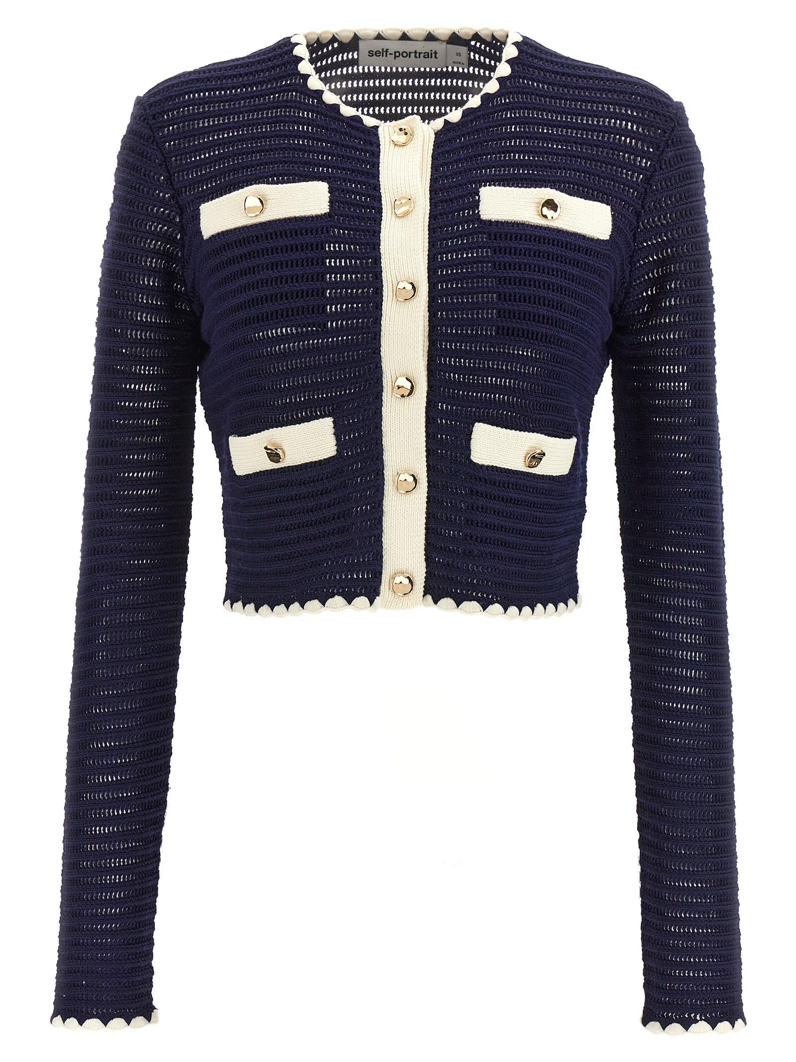 self-portrait navy crochet contrast trim cardigan