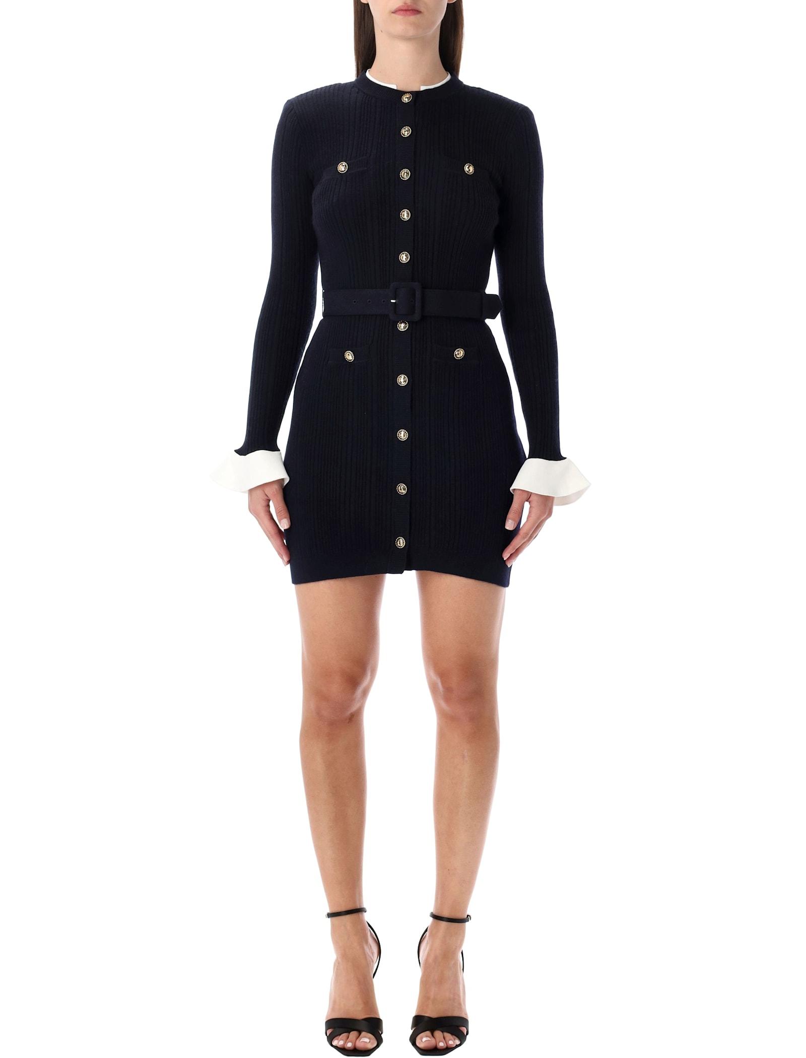self-portrait navy knit mini dress with gold buttons